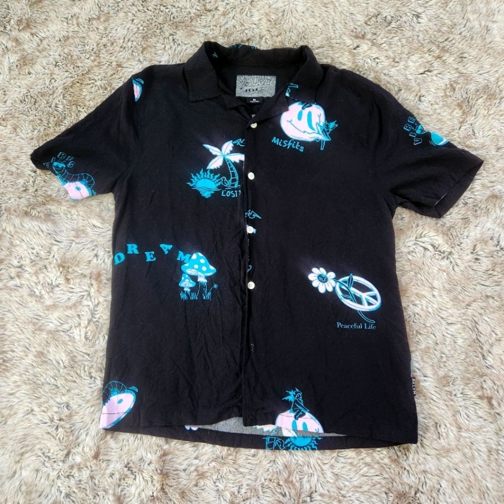 Brooklyn Cloth Short Sleeve Trippy Print Black Button Down Men's Size Medium
